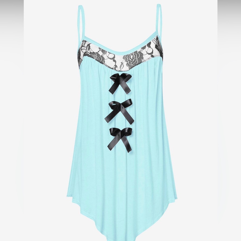 RoseGal Plus Size 1X Lace Panel Bowknot Embellished Cami-Top Aqua/Black NWT!
